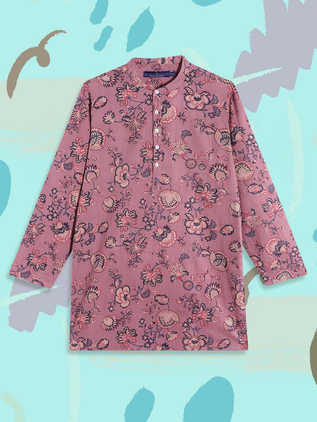 

House of Pataudi Boys Mauve & Peach-Coloured Pure Cotton Floral Printed Kurta