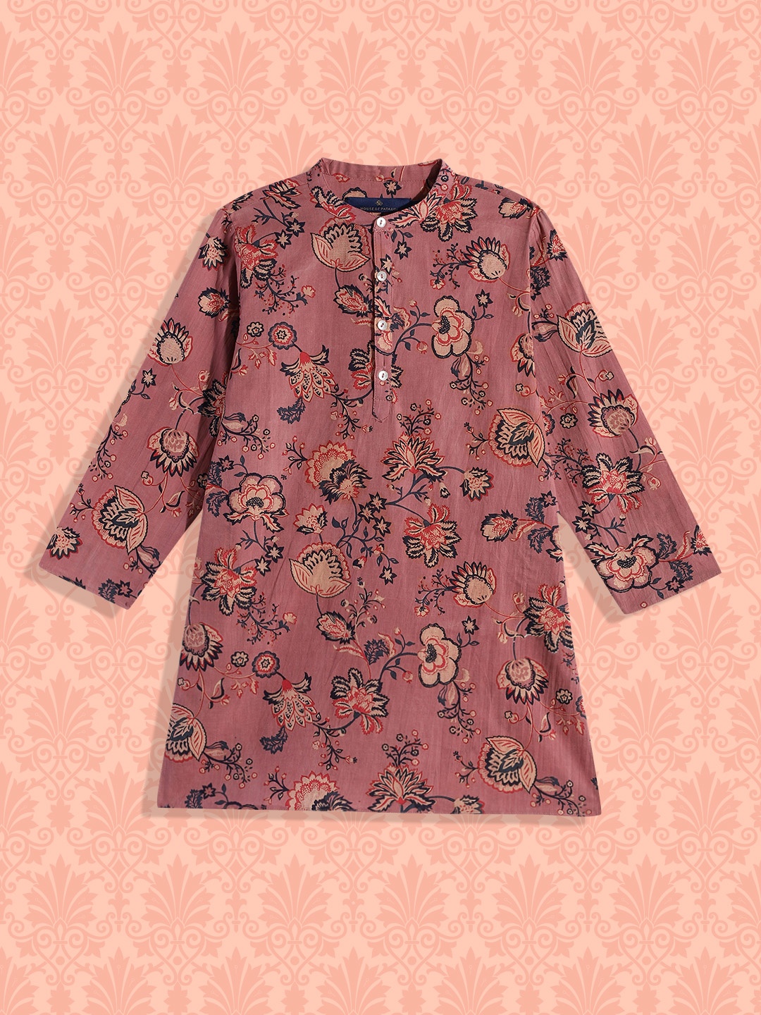 

House of Pataudi Boys Pink Floral Printed Flared Sleeves Floral Kurta