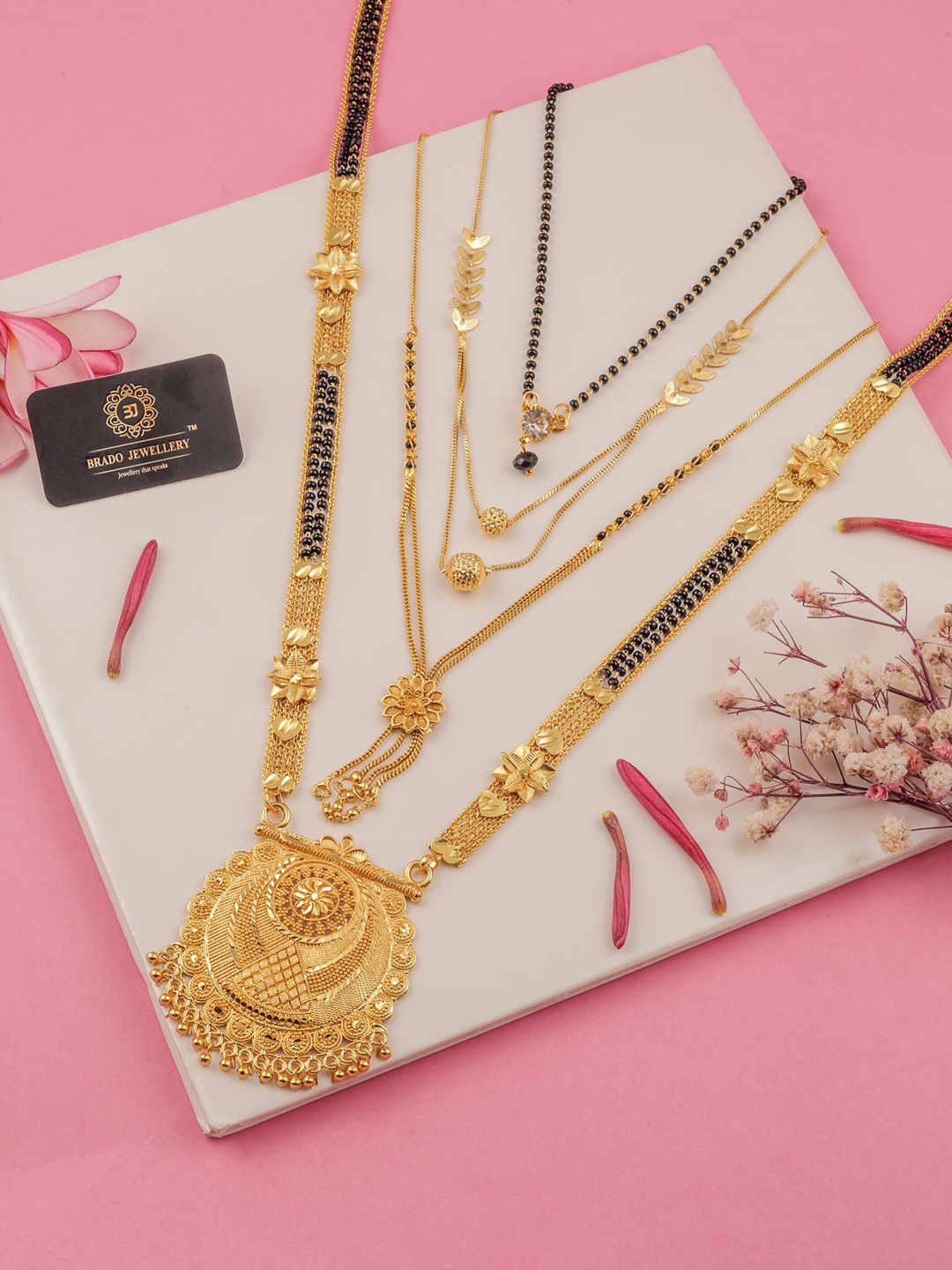 

Brado Jewellery Set Of 4 Gold-Plated Black Beaded Mangalsutras