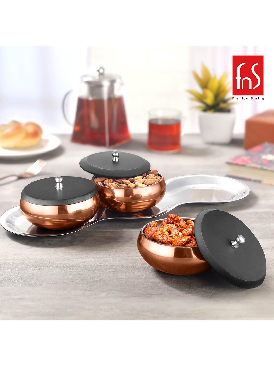 

FNS Set of 3 Rose Gold & Black Solid Serving Handi with Tray