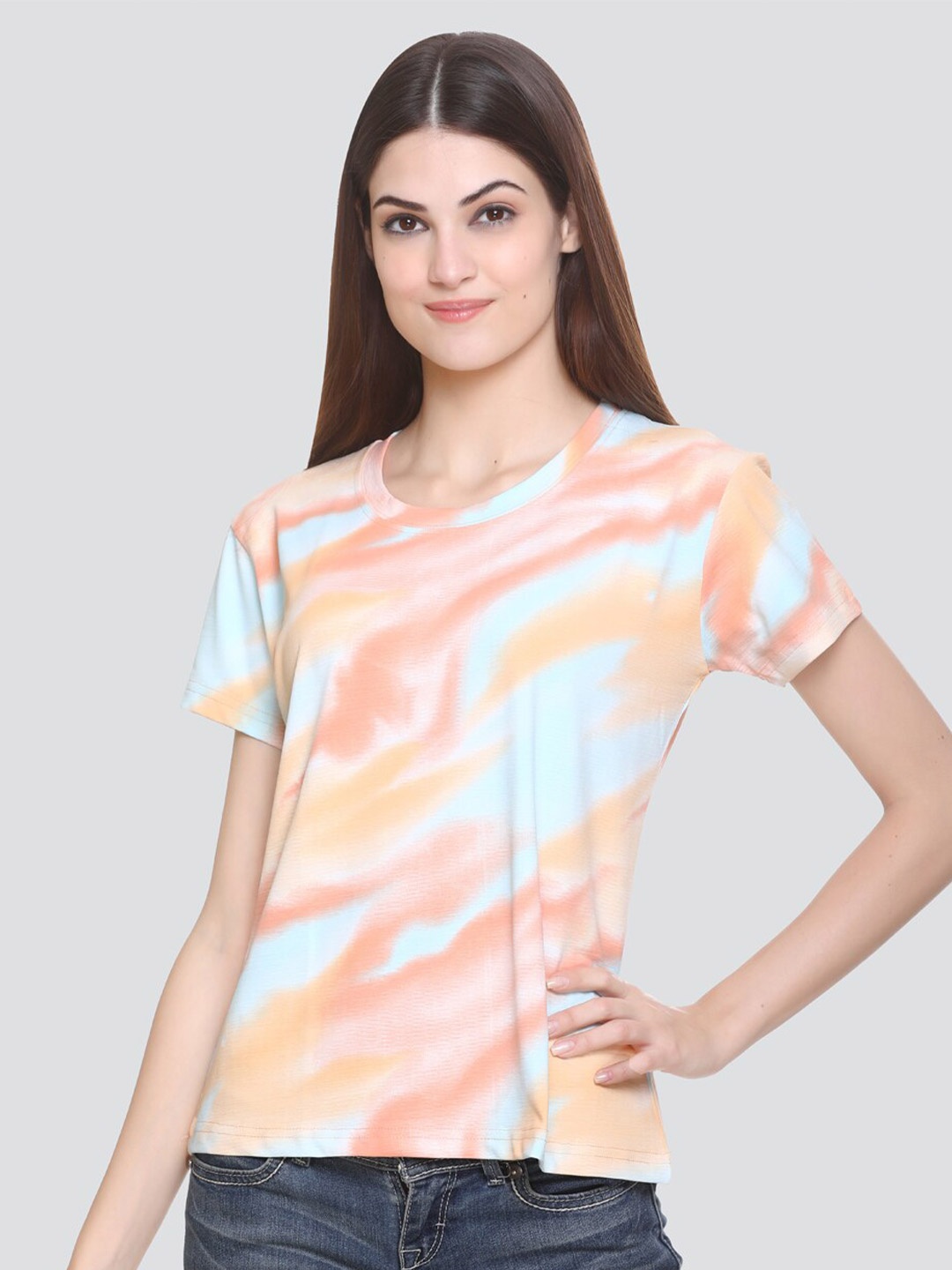 

CUPID Women Orange Printed Extended Sleeves T-shirt