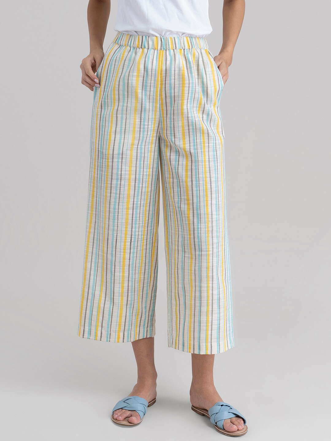 

Pink Fort Women Cream-Coloured & Yellow Striped Palazzos