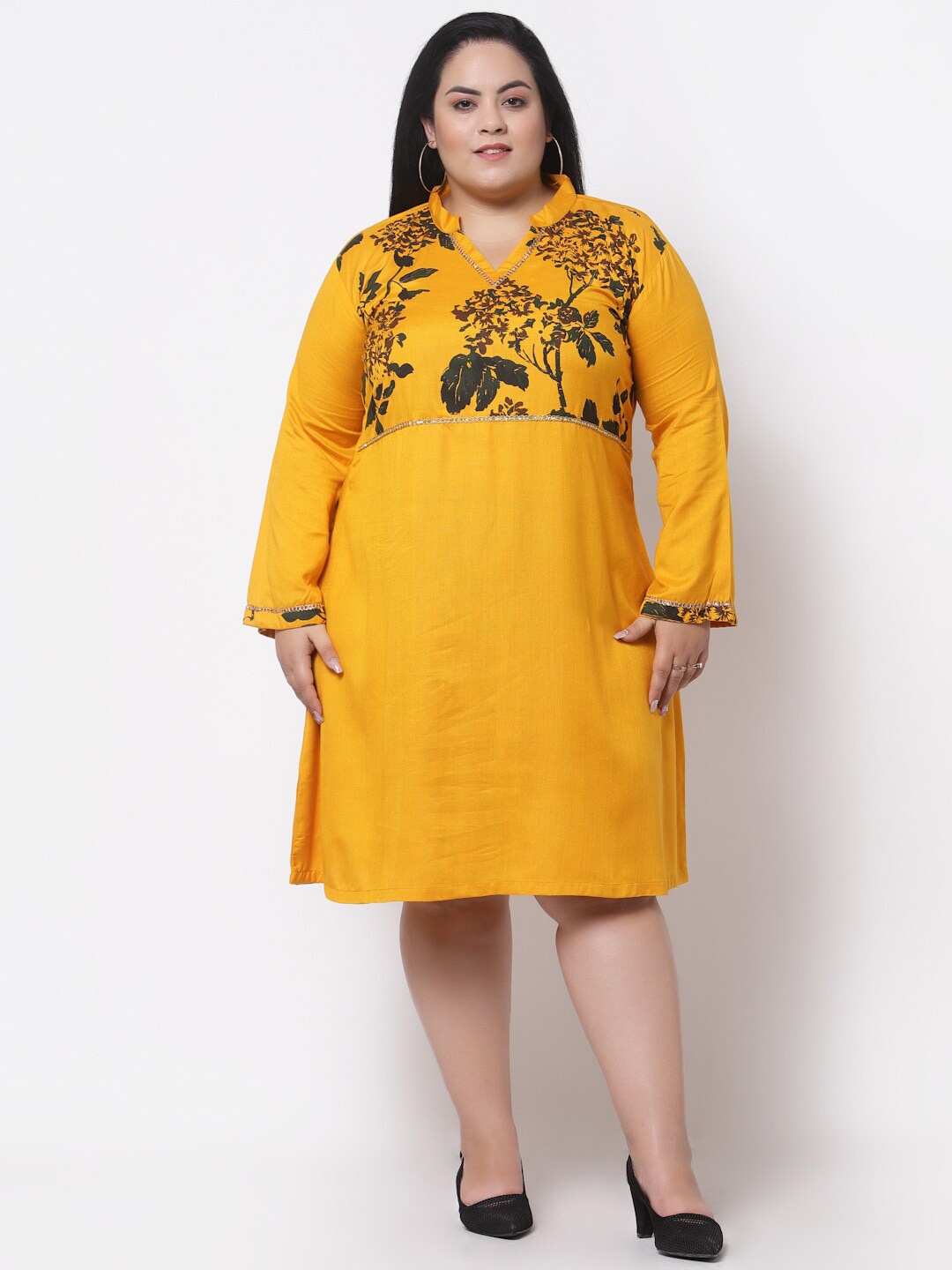 

FAZZN Yellow Floral Tie-Up Neck A-Line Dress