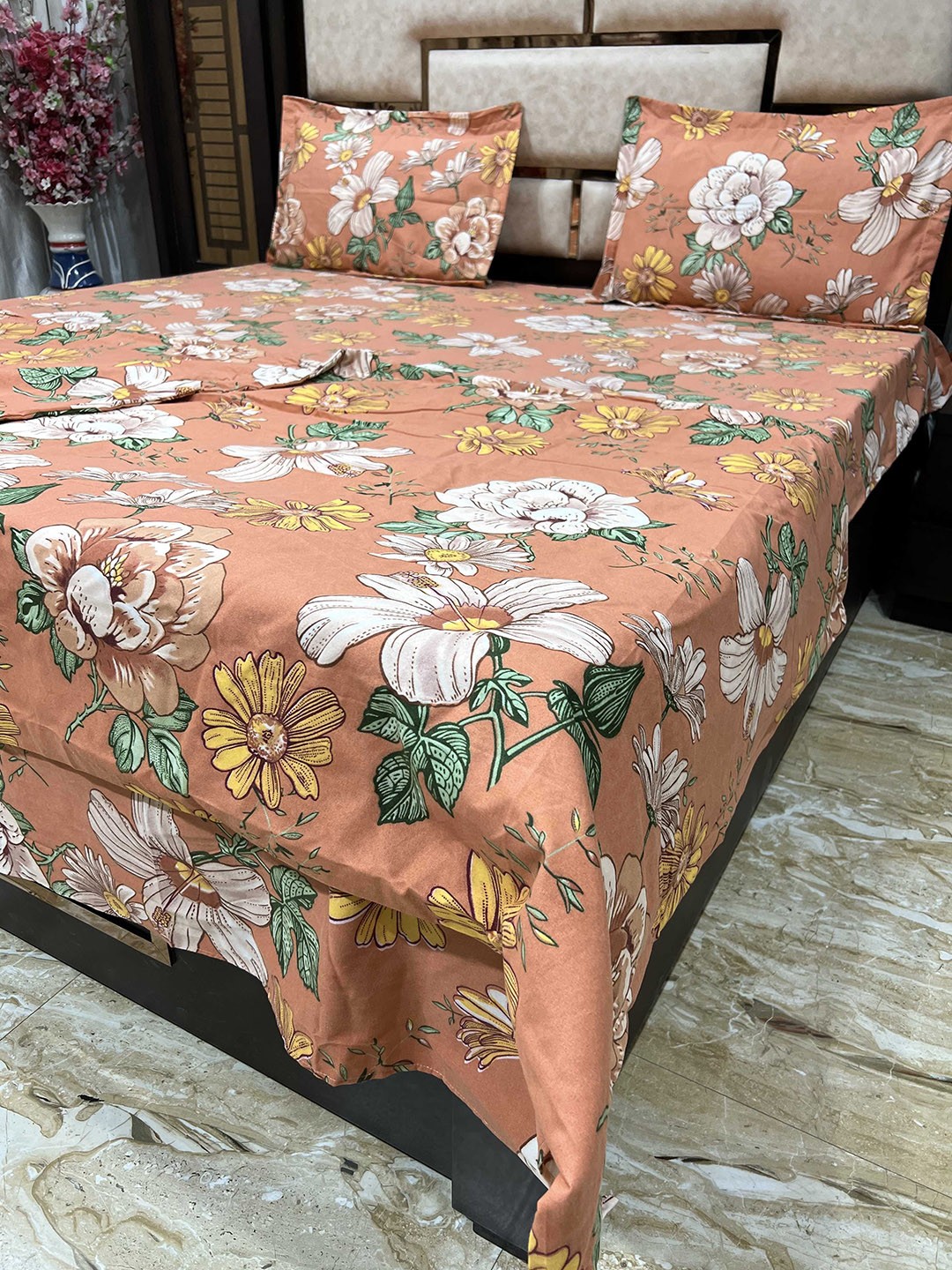 

Pure Decor Peach-Coloured Printed Cotton 300TC Bedding Set