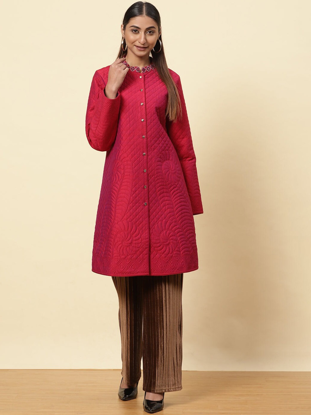 

Lakshita Women Red Embroidered Quilted Long Coats