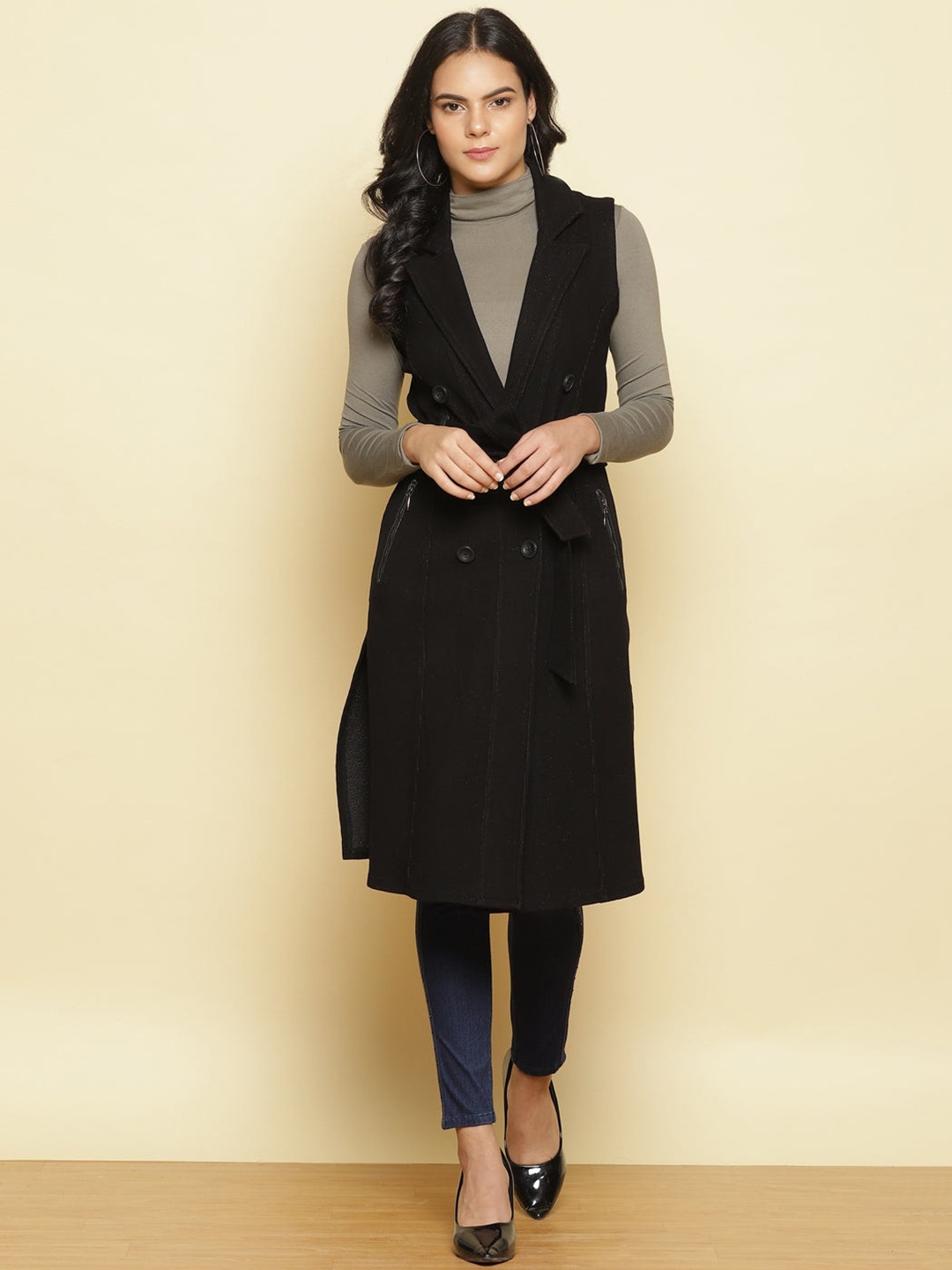 

Lakshita Women Black Solid Trench Coat