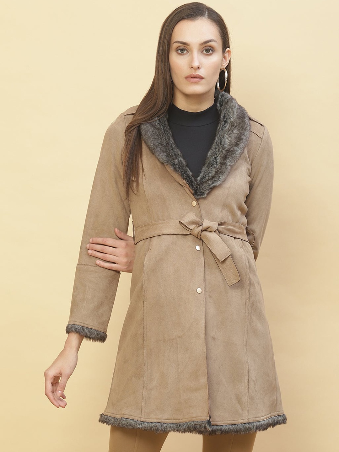 

Lakshita Women Beige Solid Seude Coats