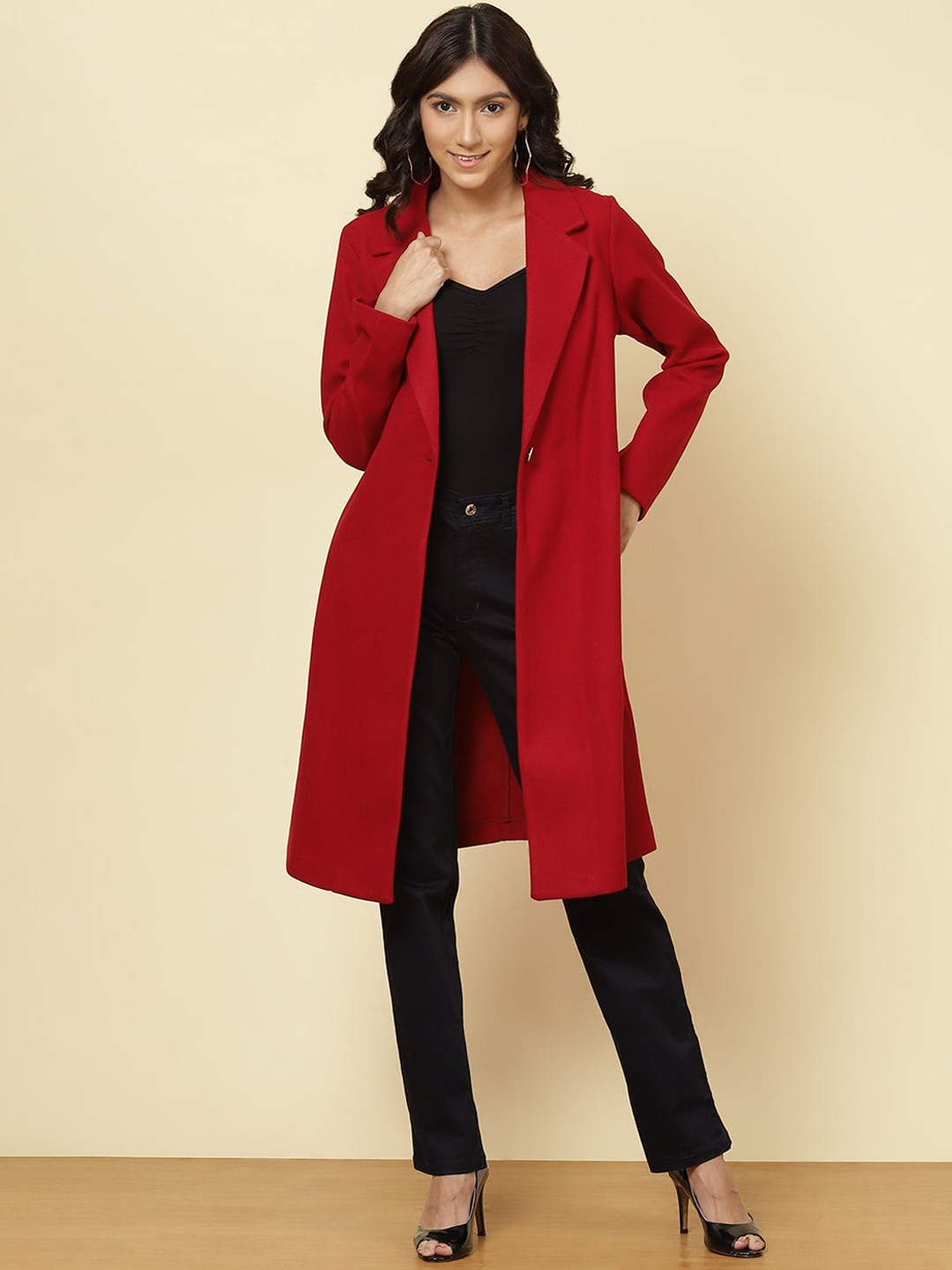 

Lakshita Women Red Solid Slim-Fit Woolen Overcoat