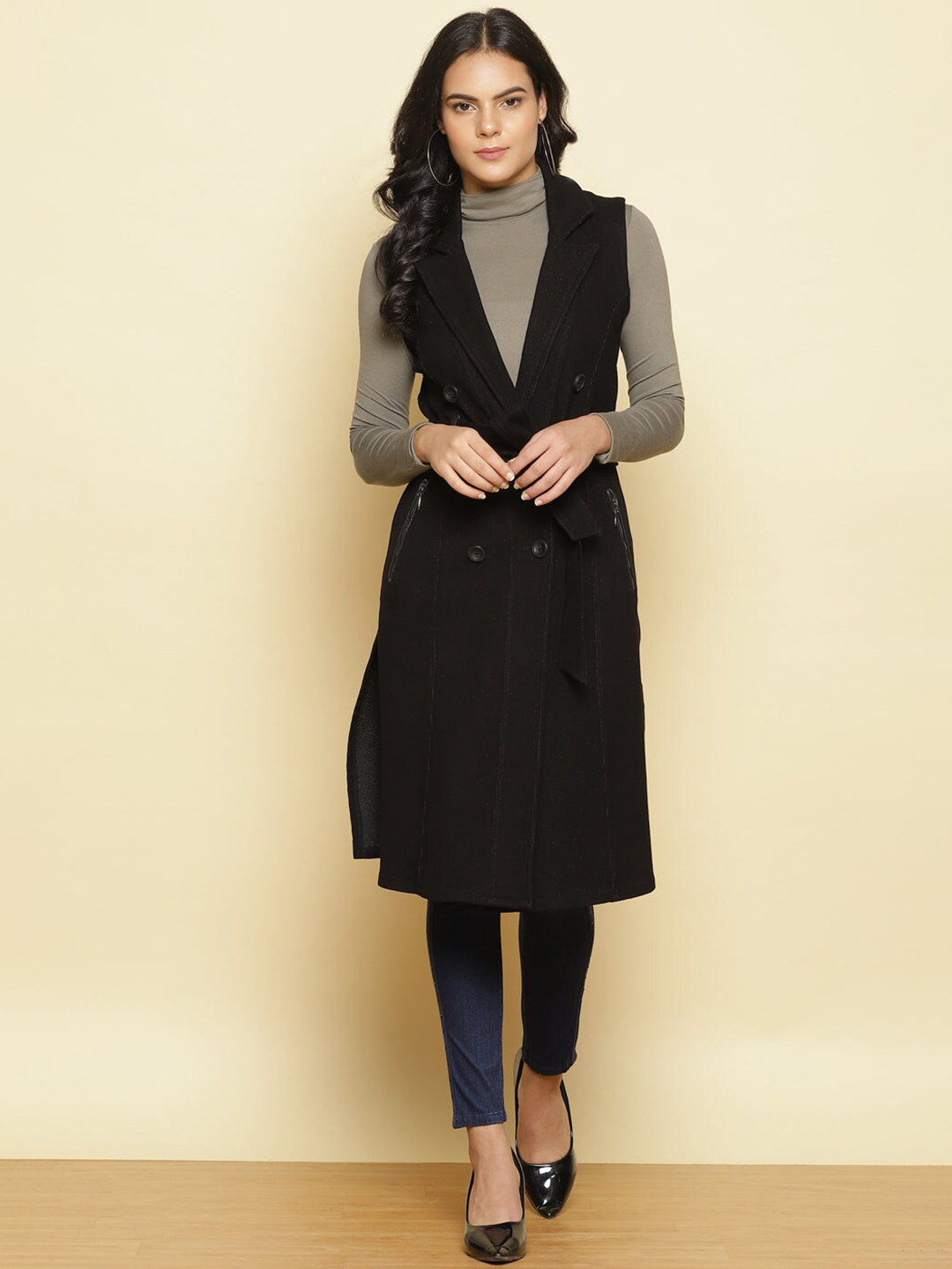 

Lakshita Women Black Solid Trench Coats