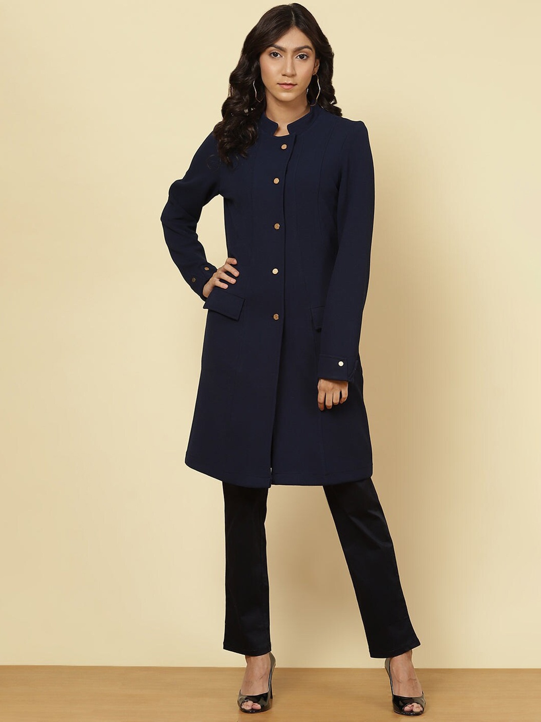 

Lakshita Women Navy Blue Solid Fleece Chester Coat