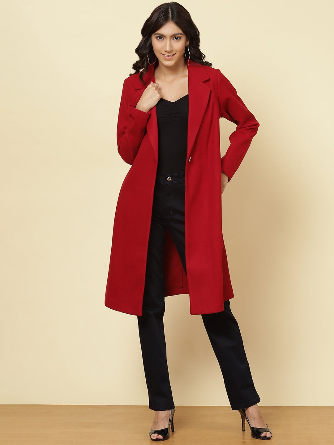 

Lakshita Women Red Solid Slim-Fit Woolen Overcoat