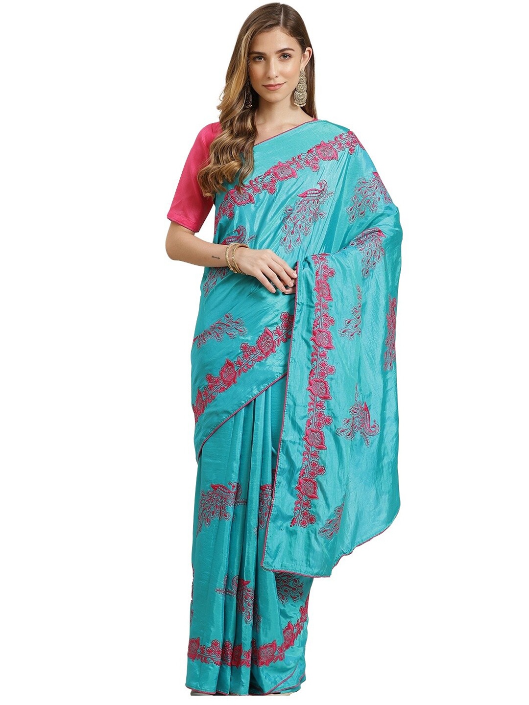 

KALINI Turquoise Blue & Magenta Ethnic Motifs Embroidered Silk Blend Maheshwari Saree