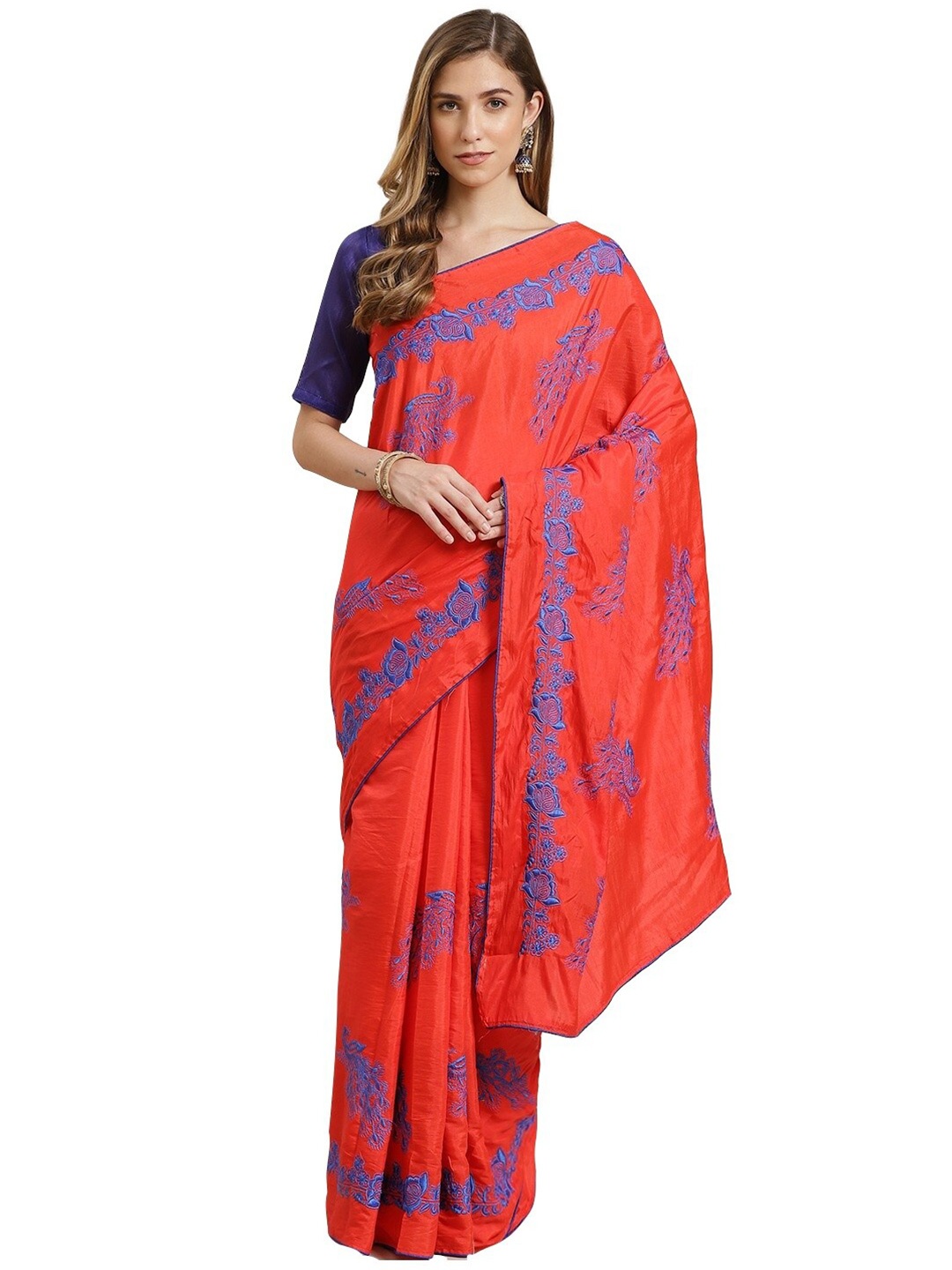 

KALINI Red & Blue Ethnic Motifs Embroidered Silk Blend Maheshwari Saree