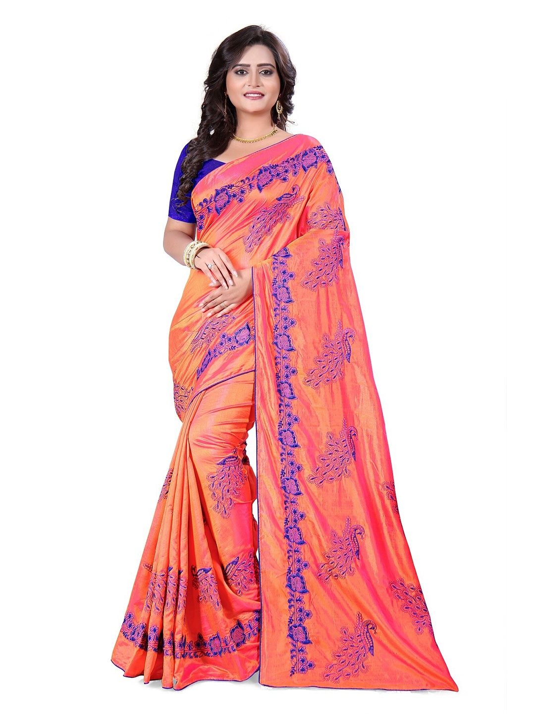 

KALINI Pink & Blue Ethnic Motifs Embroidered Silk Blend Maheshwari Saree