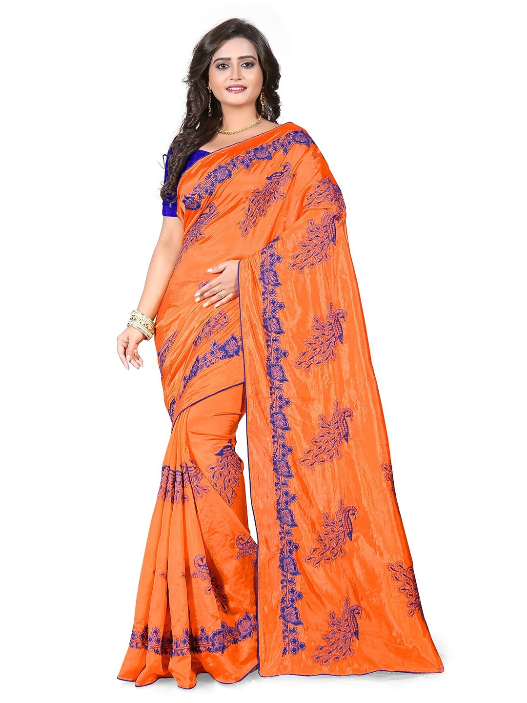 

KALINI Orange & Blue Ethnic Motifs Embroidered Silk Blend Maheshwari Saree