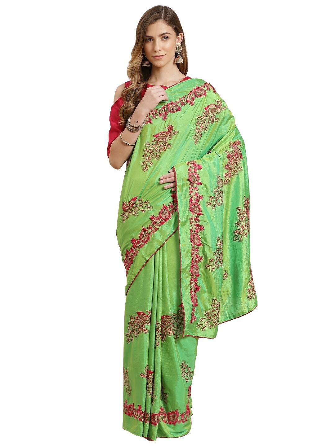 

KALINI Green & Magenta Ethnic Motifs Embroidered Silk Blend Maheshwari Saree