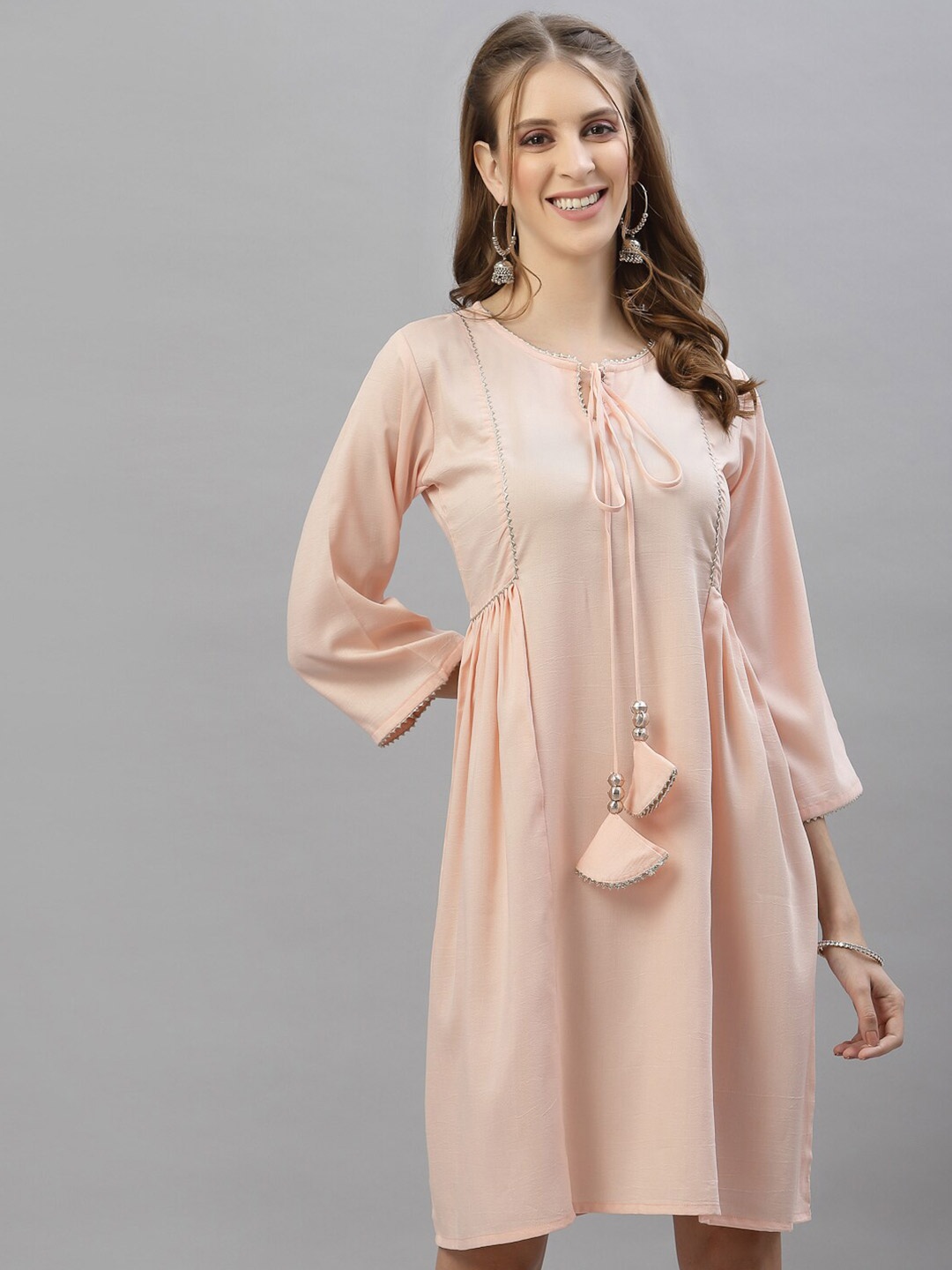 SERONA FABRICS Peach-Coloured Tie-Up Neck Ethnic A-Line Dress