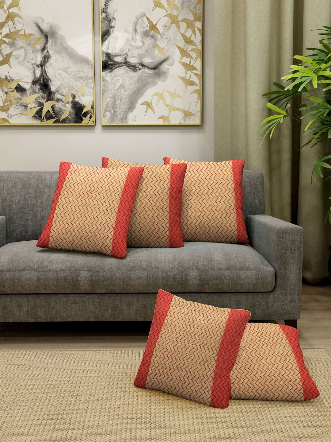 

Arrabi Red & Beige Set of 5 Striped Square Cushion Covers