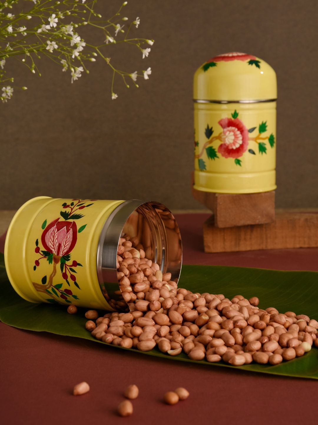 

Indikluster Set Of 2 Yellow Printed Storage Jar