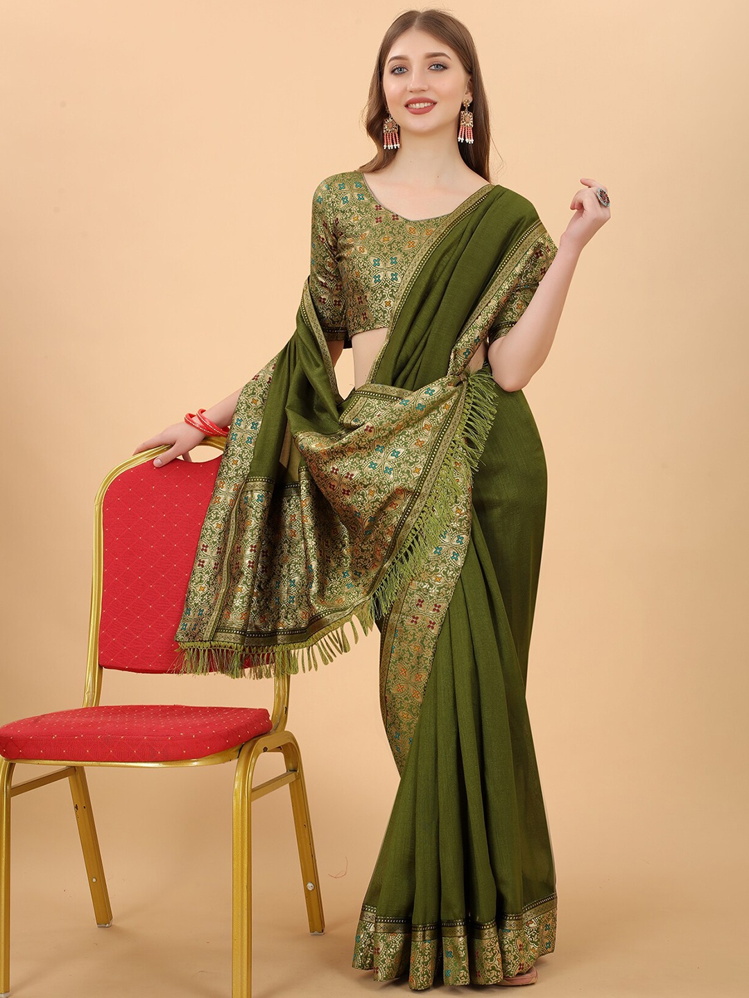 

Anjaneya Sarees Green & Red Zari Silk Blend Saree
