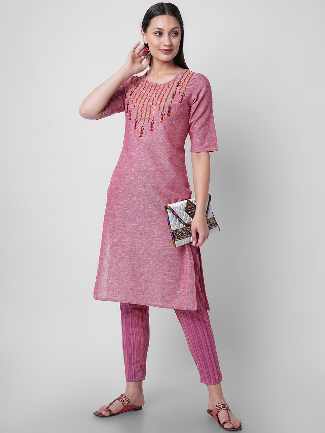 

Sanganeri Kurti Women Peach-Coloured Embroidered Layered Kurta with Trousers