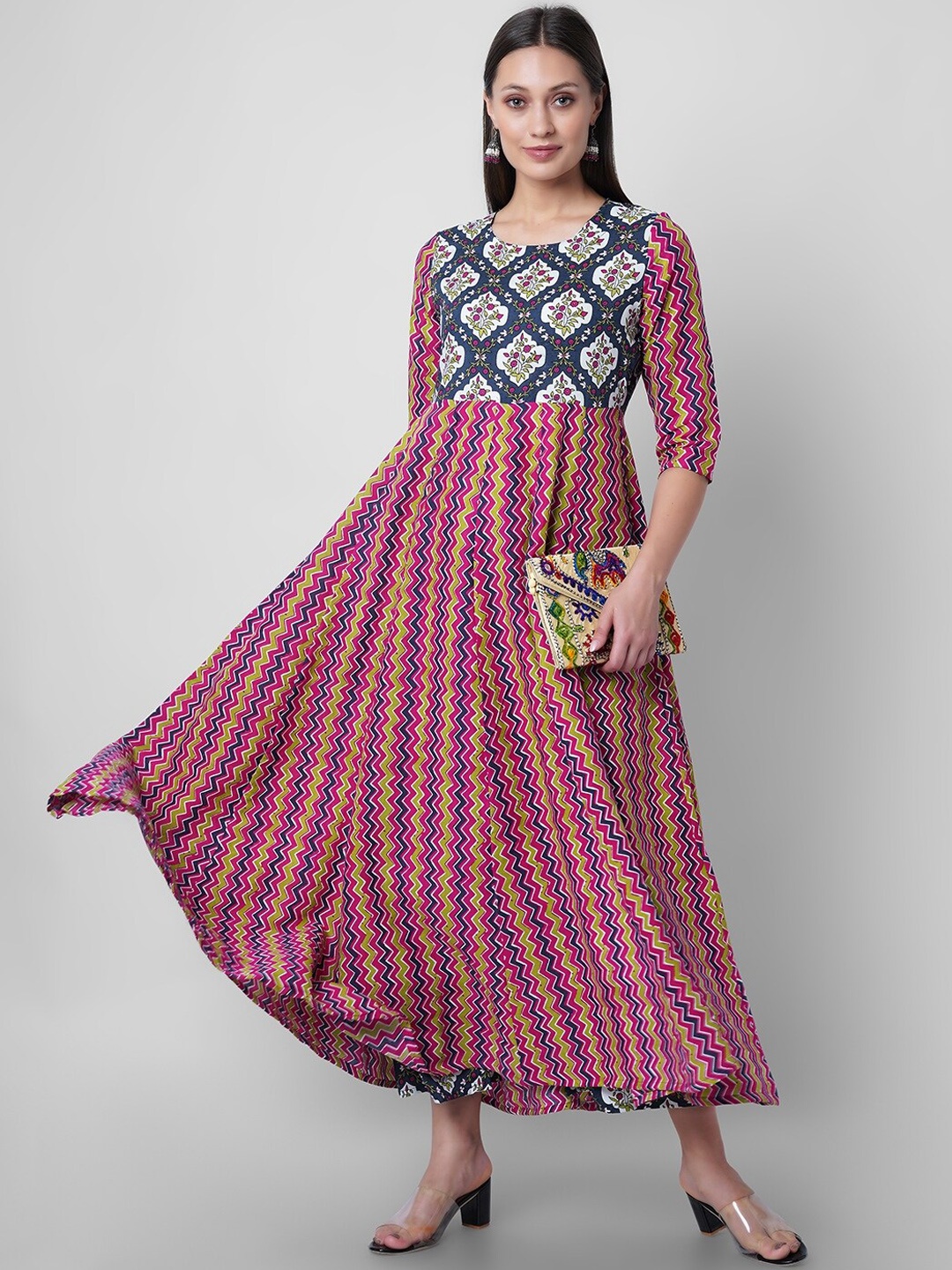 

Sanganeri Kurti Women Multicoloured Ethnic Motifs Printed Pleated Kurti with Palazzos, Multi