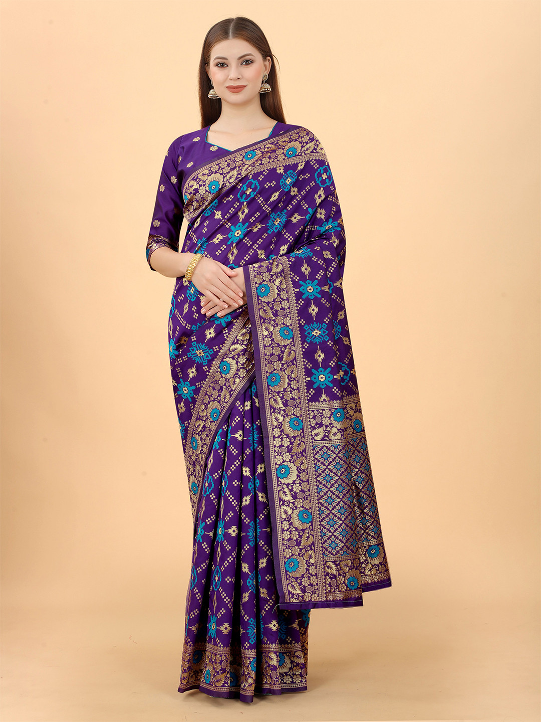 

INDI AVTAAR Purple & Blue Woven Design Zari Silk Cotton Banarasi Saree