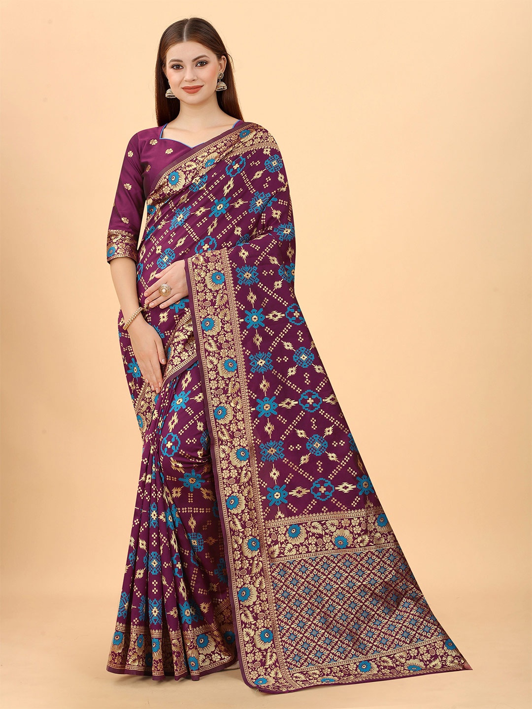 

INDI AVTAAR Purple & Blue Woven Design Zari Silk Cotton Banarasi Saree