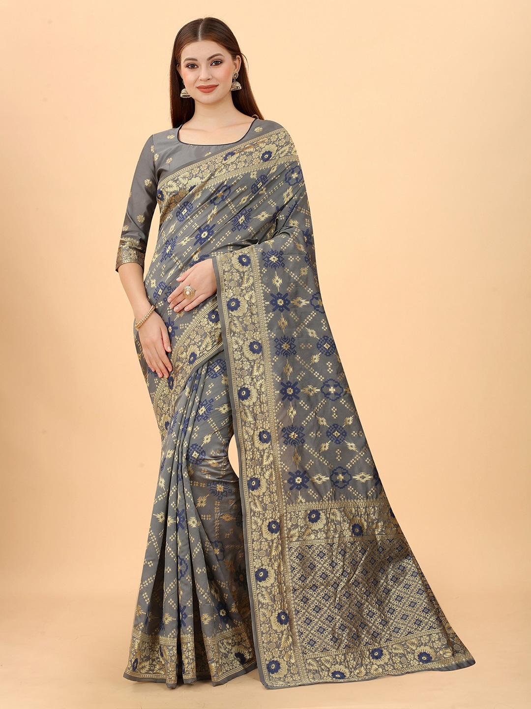 

INDI AVTAAR Grey & Navy Blue Woven Design Zari Silk Cotton Banarasi Saree