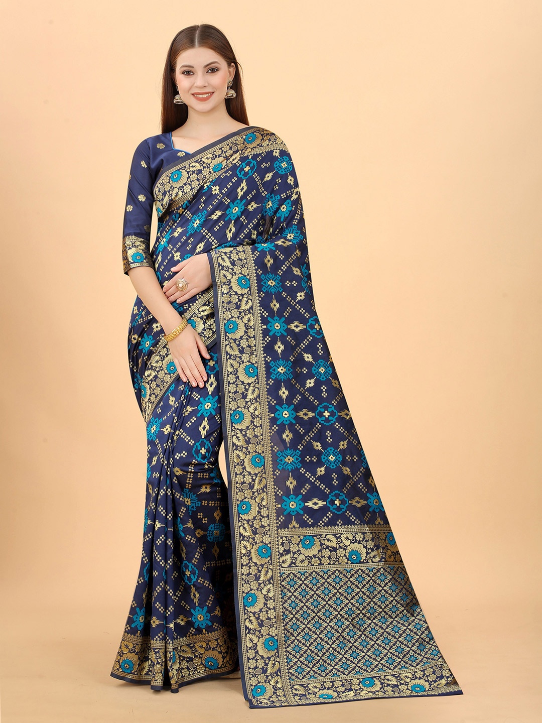 

INDI AVTAAR Navy Blue & Blue Woven Design Zari Silk Cotton Banarasi Saree