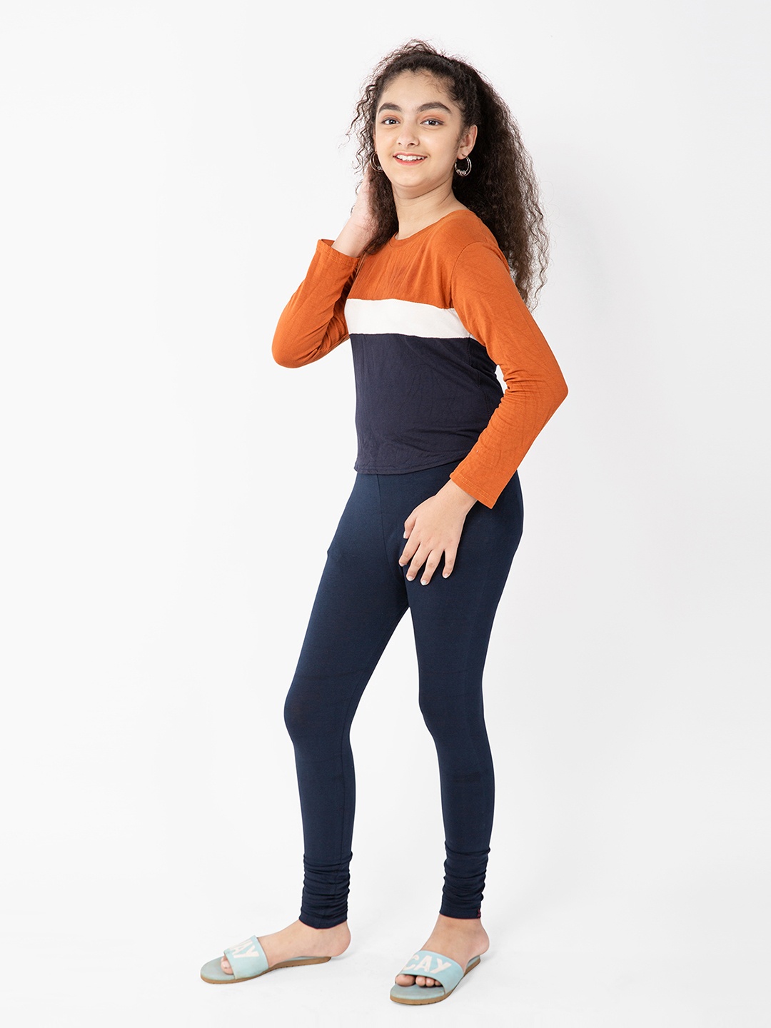 

indian flower Girls Navy Blue Solid Leggings