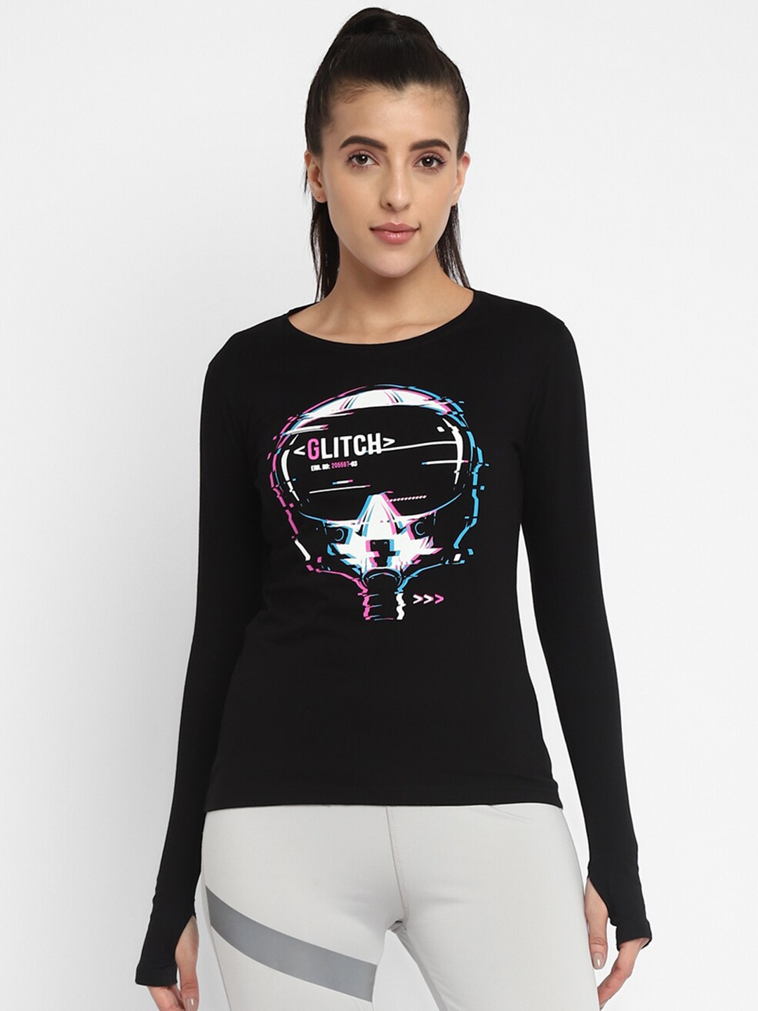 

appulse Women Black Sports Printed Raw Edge T-shirt