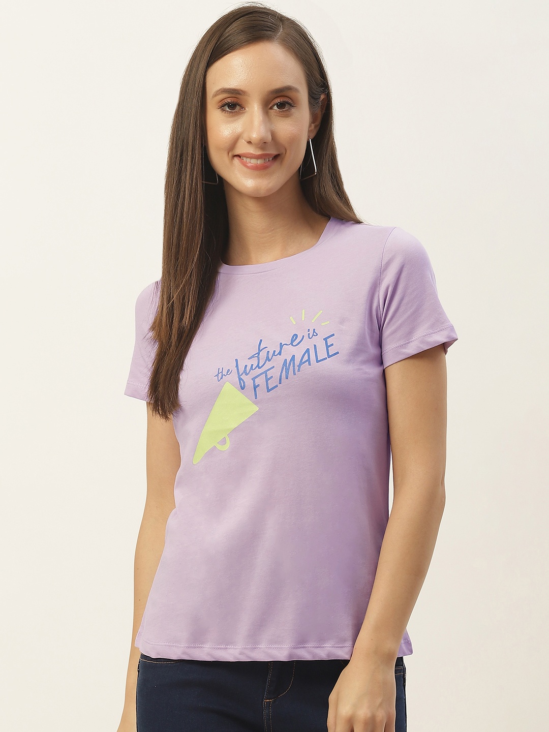 

Madame Women Lavender & Blue Typography Printed Pure Cotton T-shirt
