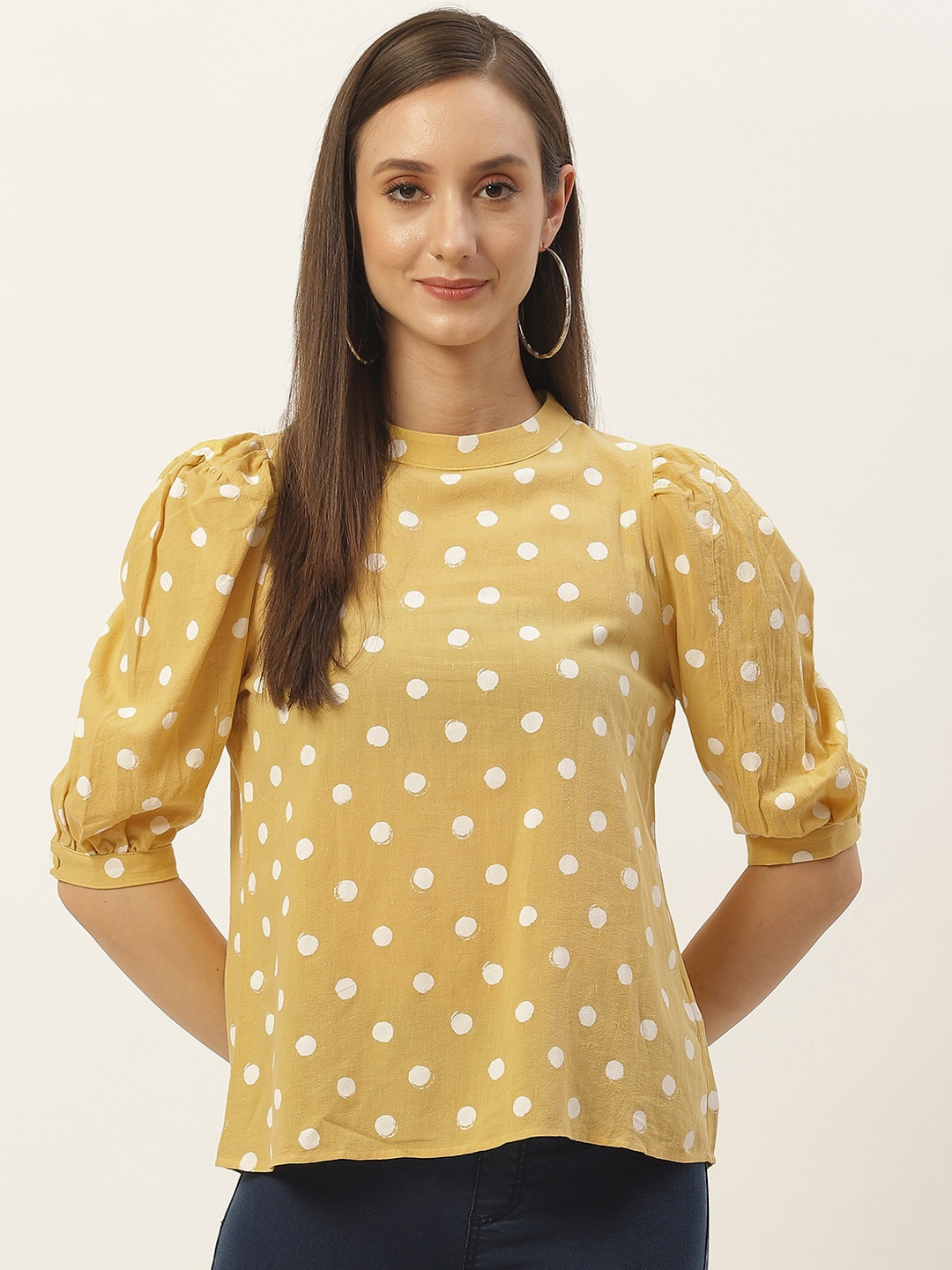 

Madame Yellow & White Pure Cotton Polka Dot Printed Top