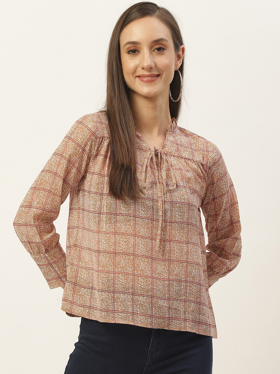 

Madame Brown & White Checked Tie-Up Neck Top