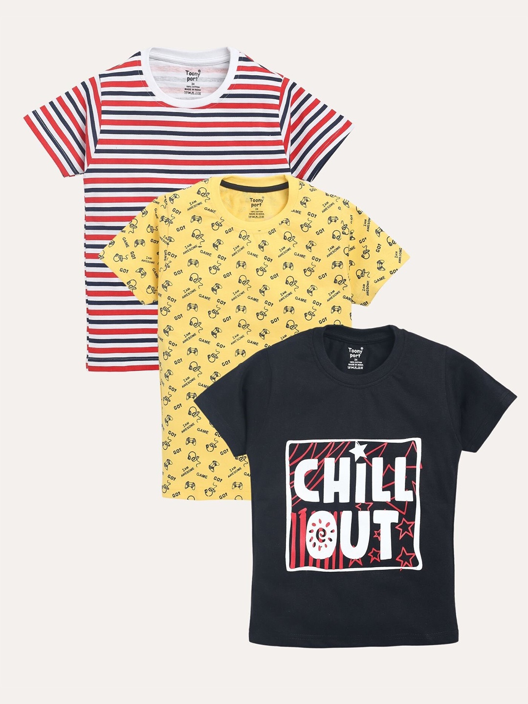 

Toonyport Boys Multicoloured 3 Printed V-Neck Applique T-shirt, Multi