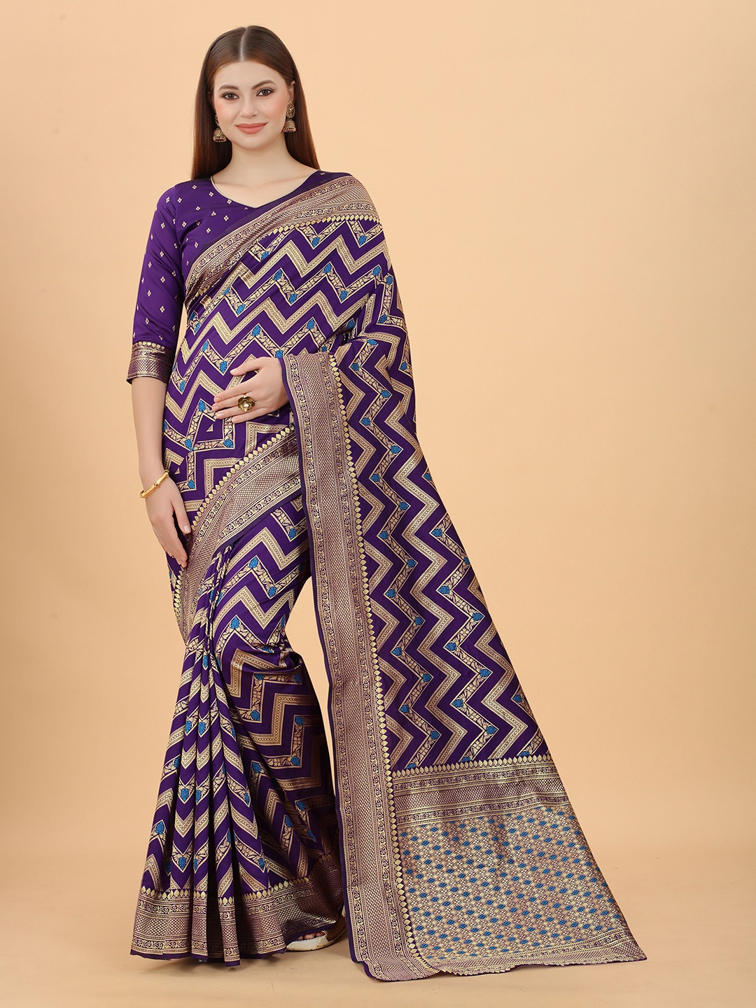 

INDI AVTAAR Purple & Blue Woven Design Zari Silk Cotton Banarasi Saree