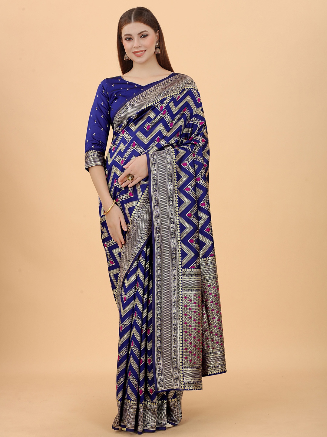 

INDI AVTAAR Blue & Gold-Toned Woven Design Zari Silk Cotton Banarasi Saree