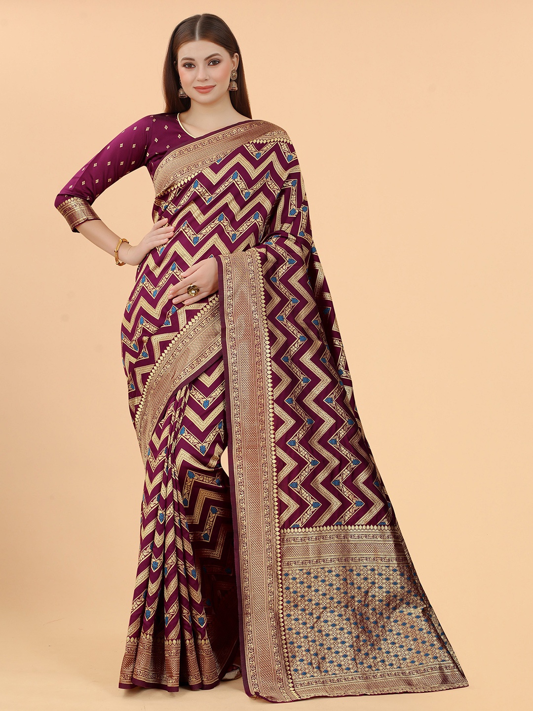 

INDI AVTAAR Purple & Blue Woven Design Zari Silk Cotton Banarasi Saree