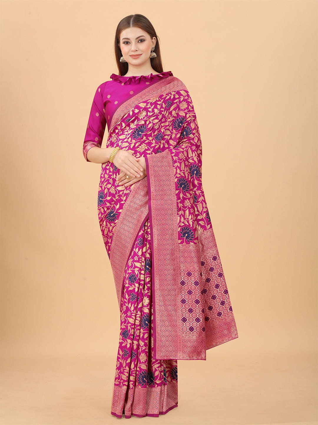 

INDI AVTAAR Pink & Purple Woven Design Zari Silk Cotton Heavy Work Banarasi Saree