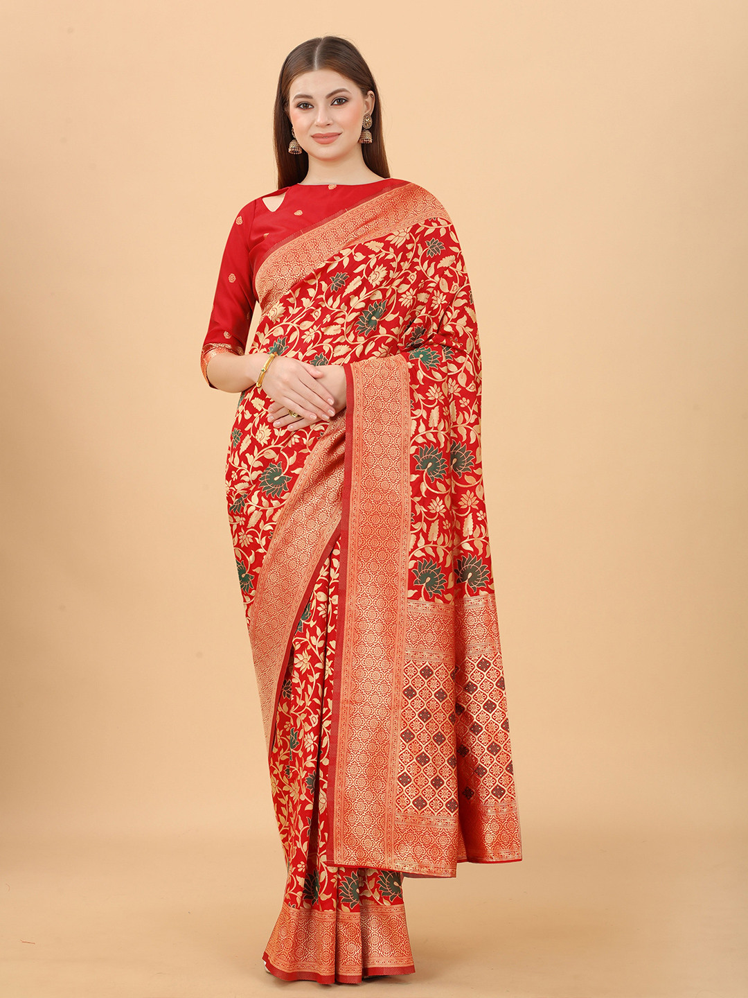 

INDI AVTAAR Red & Gold-Toned Woven Design Zari Silk Cotton Banarasi Saree