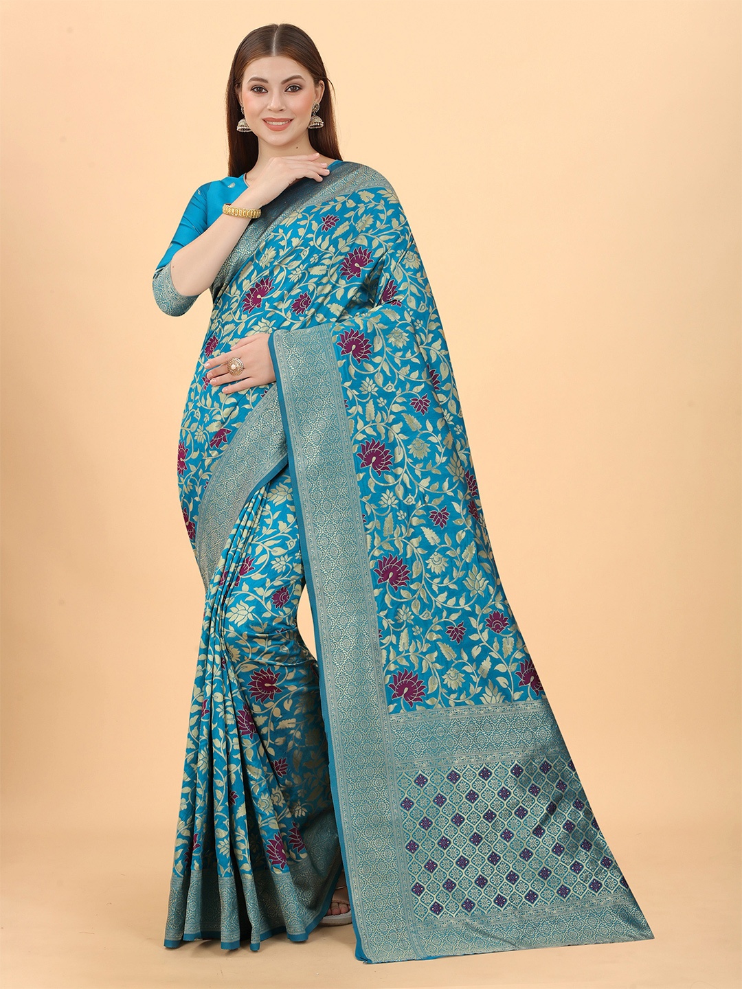 

INDI AVTAAR Turquoise Blue & Gold-Toned Woven Design Zari Silk Cotton Heavy Work Banarasi Saree