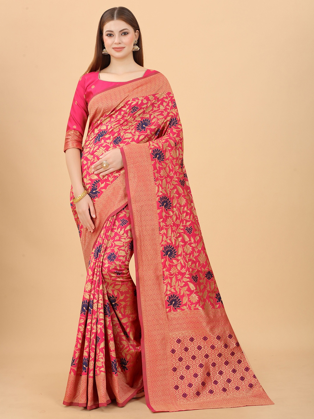 

INDI AVTAAR Pink & Gold-Toned Woven Design Zari Silk Cotton Banarasi Saree