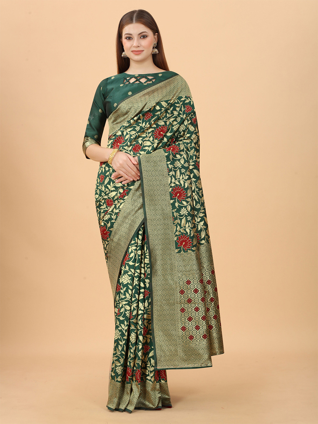 

INDI AVTAAR Green & Red Woven Design Zari Silk Cotton Banarasi Saree