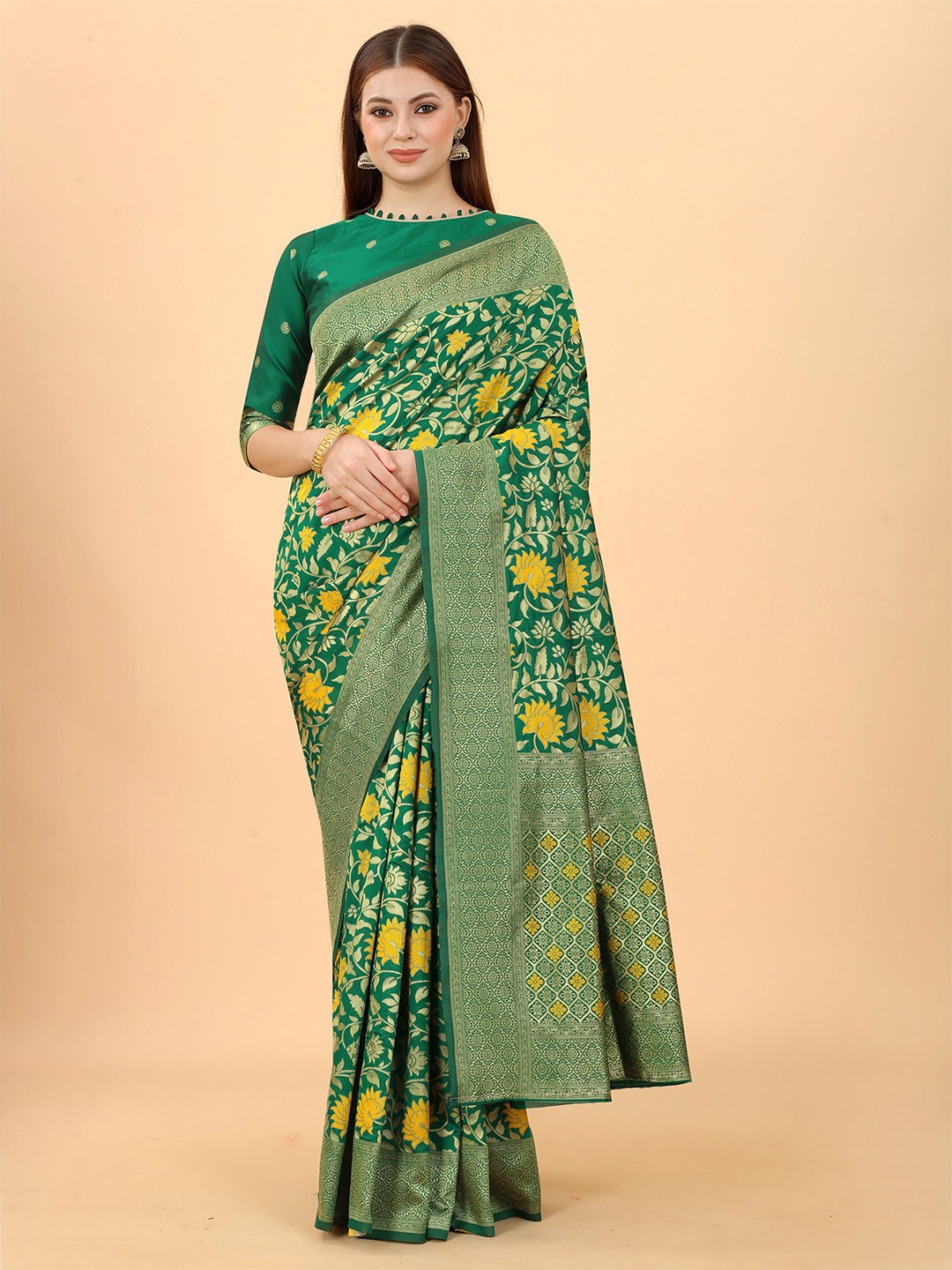 

INDI AVTAAR Green & Yellow Woven Design Zari Silk Cotton Banarasi Saree