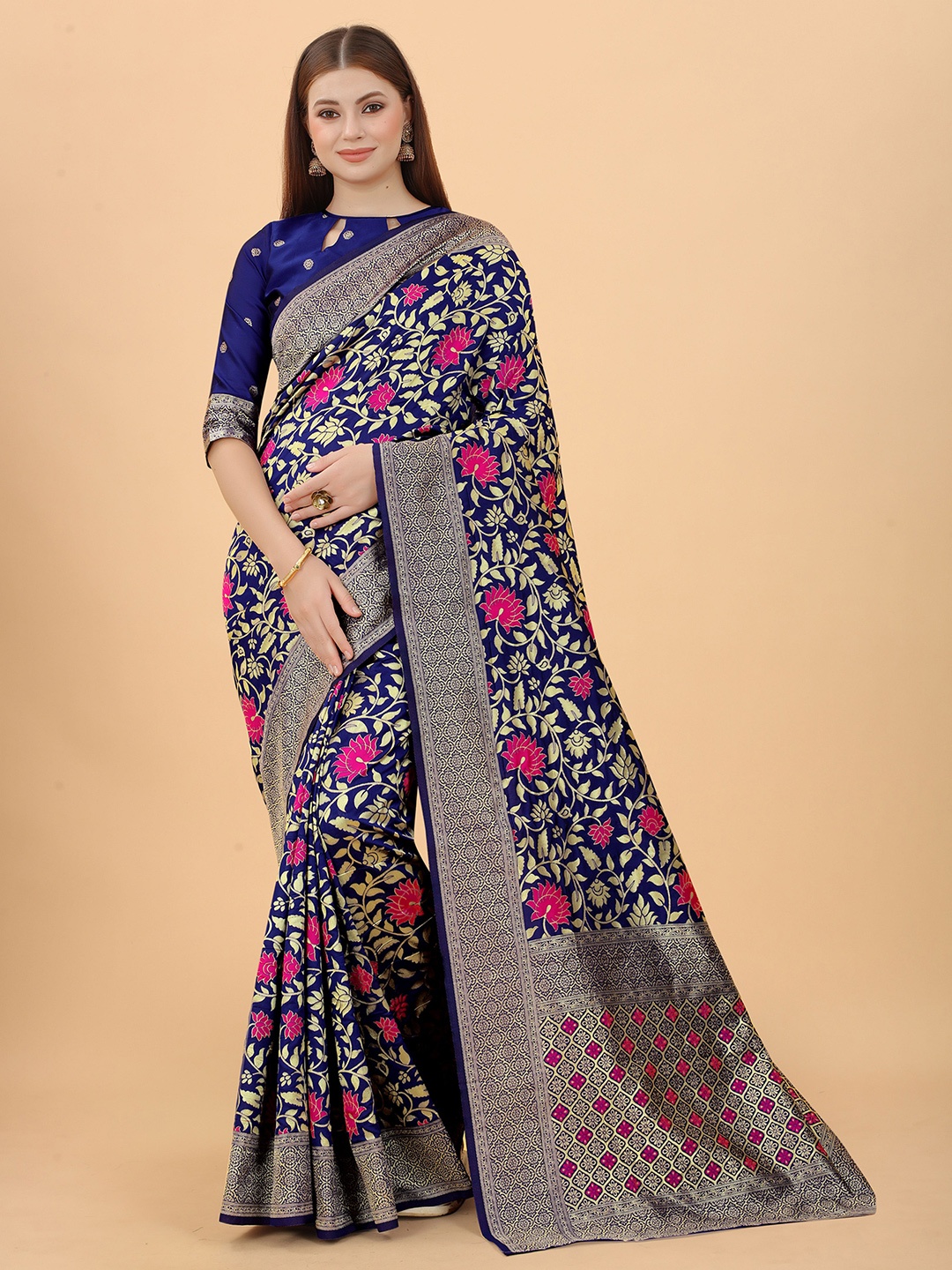 

INDI AVTAAR Blue & Gold-Toned Woven Design Zari Silk Cotton Banarasi Saree