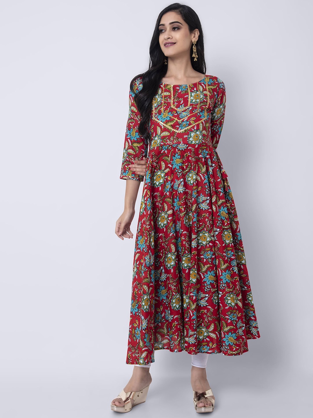 

KIMAYRA Women Maroon Floral Printed Patchwork Anarkali Kurta