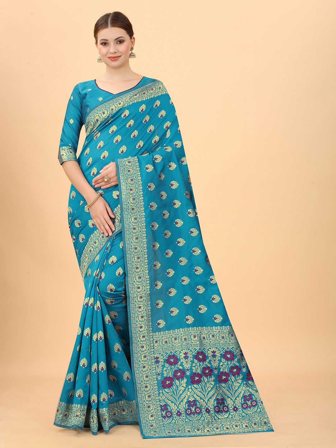 

INDI AVTAAR Turquoise Blue & Gold-Toned Woven Design Zari Silk Cotton Banarasi Saree