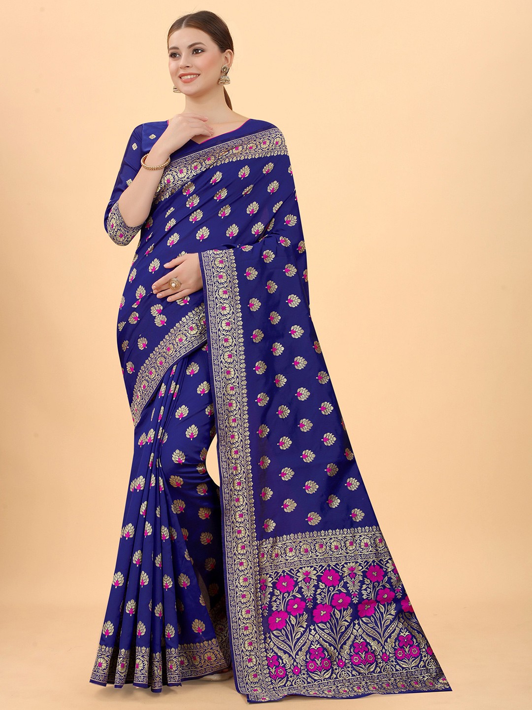 

INDI AVTAAR Navy Blue & Gold-Toned Woven Design Zari Silk Cotton Banarasi Saree