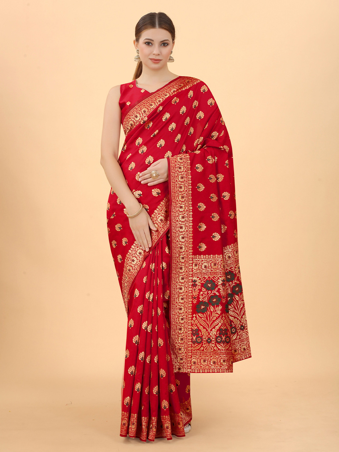 

INDI AVTAAR Red & Gold-Toned Woven Design Zari Silk Cotton Banarasi Saree